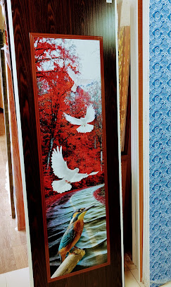 UV-printed autumn forest and kingfisher full-length glass door — Ambika Playwoods Dindigul